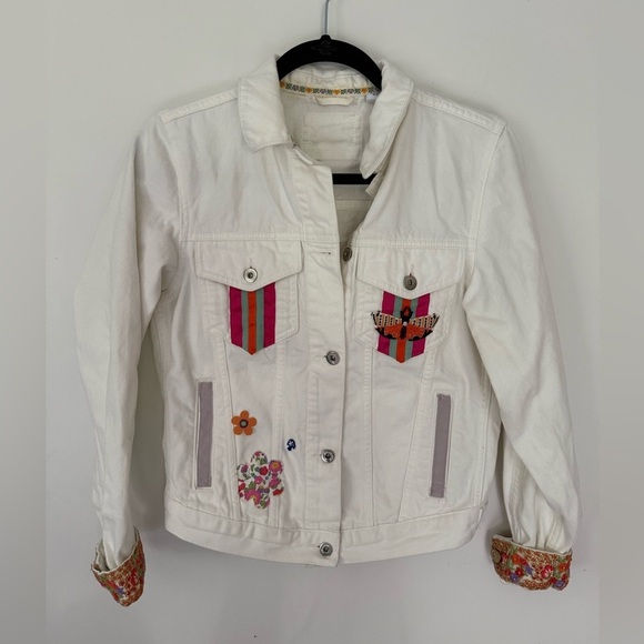 Collusion Jackets & Blazers - Collusion Denim Jacket Womens White Jean Embroidered Colorful OOAK Size 6